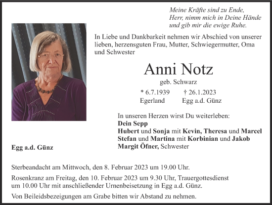 Traueranzeige von Anni Notz von Memminger Zeitung