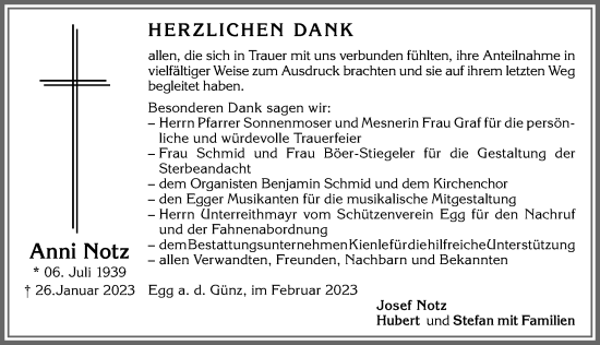 Traueranzeige von Anni Notz von Memminger Zeitung