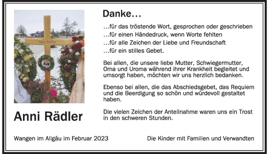 Traueranzeige von Anni Rädler von Der Westallgäuer