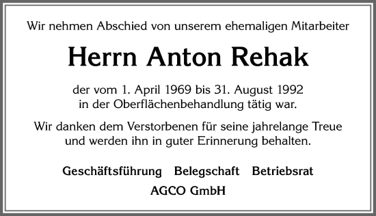 Traueranzeige von Anton Rehak von Allgäuer Zeitung, Marktoberdorf