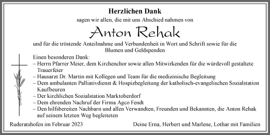 Traueranzeige von Anton Rehak von Allgäuer Zeitung, Marktoberdorf