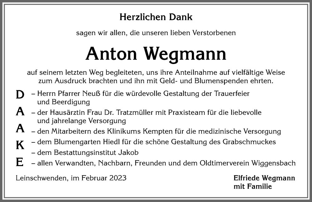  Traueranzeige für Anton Wegmann vom 03.02.2023 aus Allgäuer Zeitung,Kempten