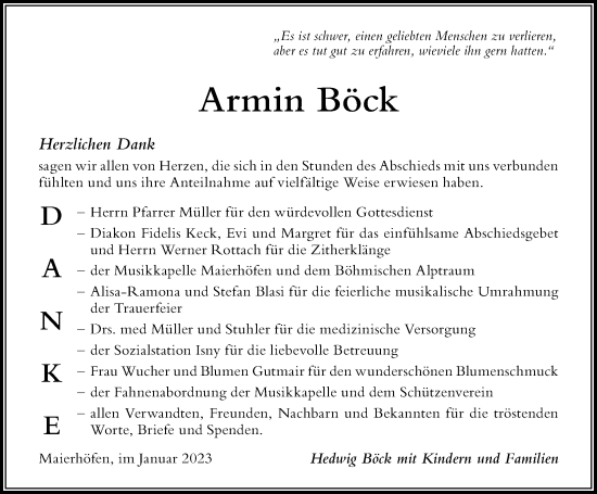 Traueranzeige von Armin Böck von Der Westallgäuer
