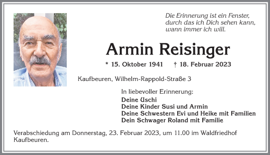 Traueranzeige von Armin Reisinger von Allgäuer Zeitung, Kaufbeuren/Buchloe