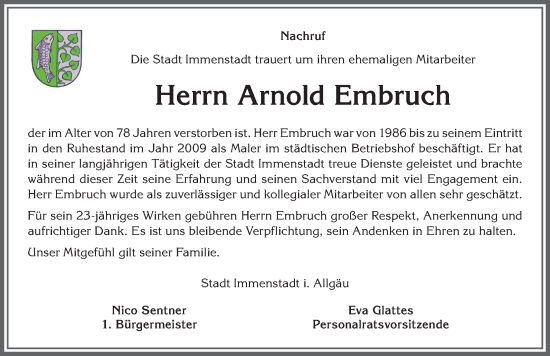 Traueranzeige von Arnold Embruch von Allgäuer Anzeigeblatt