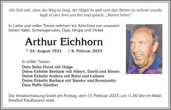 Traueranzeige von Arthur Eichhorn von Allgäuer Zeitung, Kaufbeuren/Buchloe