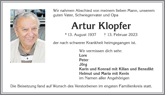 Traueranzeige von Artur Klopfer von Allgäuer Zeitung,Kempten