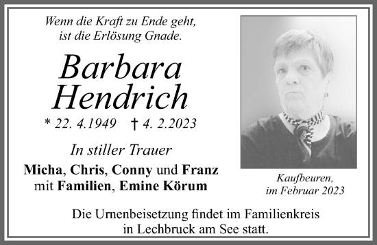 Traueranzeige von Barbara Hendrich von Allgäuer Zeitung, Kaufbeuren/Buchloe