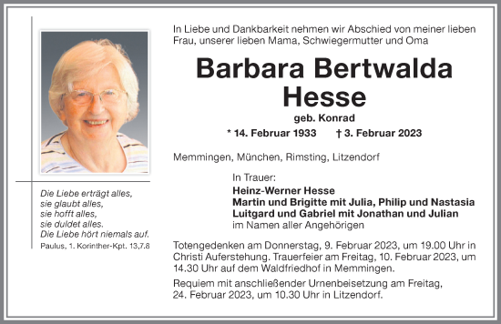 Traueranzeige von Barbara Bertwalda Hesse von Memminger Zeitung
