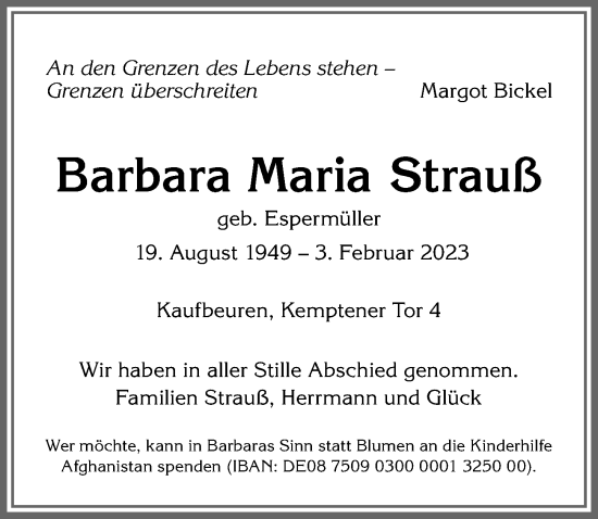 Traueranzeige von Barbara Maria Strauß von Allgäuer Zeitung, Kaufbeuren/Buchloe