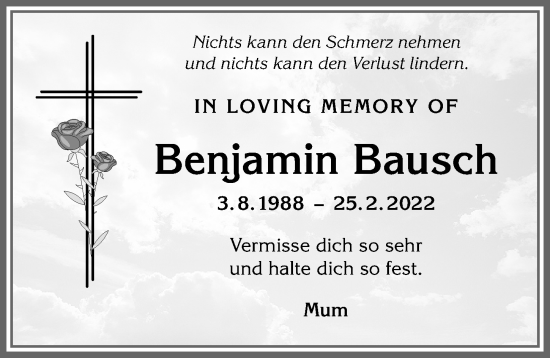 Traueranzeige von Benjamin Bausch von Allgäuer Anzeigeblatt