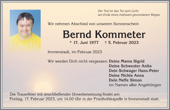 Traueranzeige von Bernd Kommeter von Allgäuer Anzeigeblatt