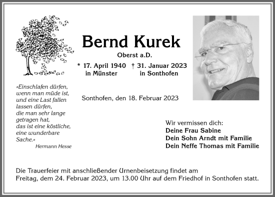 Traueranzeige von Bernd Kurek von Allgäuer Anzeigeblatt
