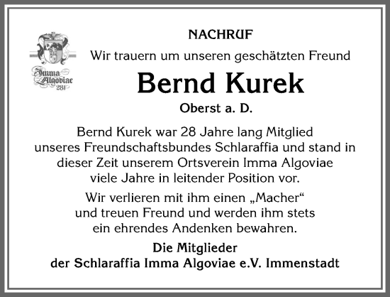 Traueranzeige von Bernd Kurek von Allgäuer Anzeigeblatt