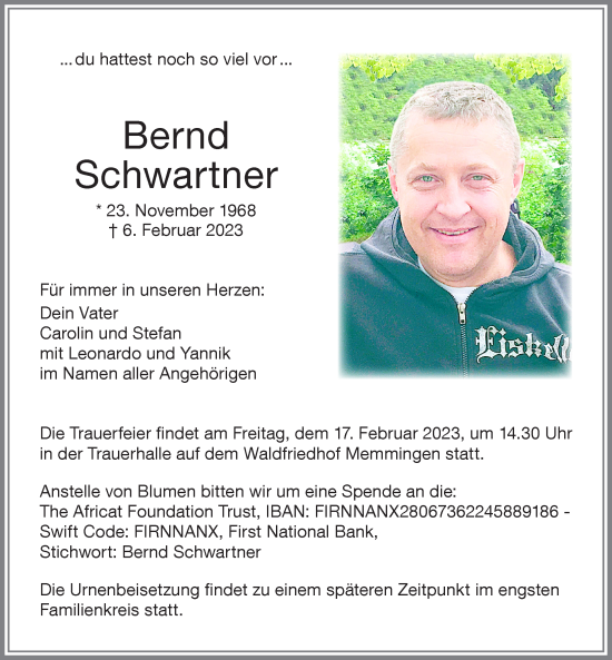 Traueranzeige von Bernd Schwartner von Memminger Zeitung