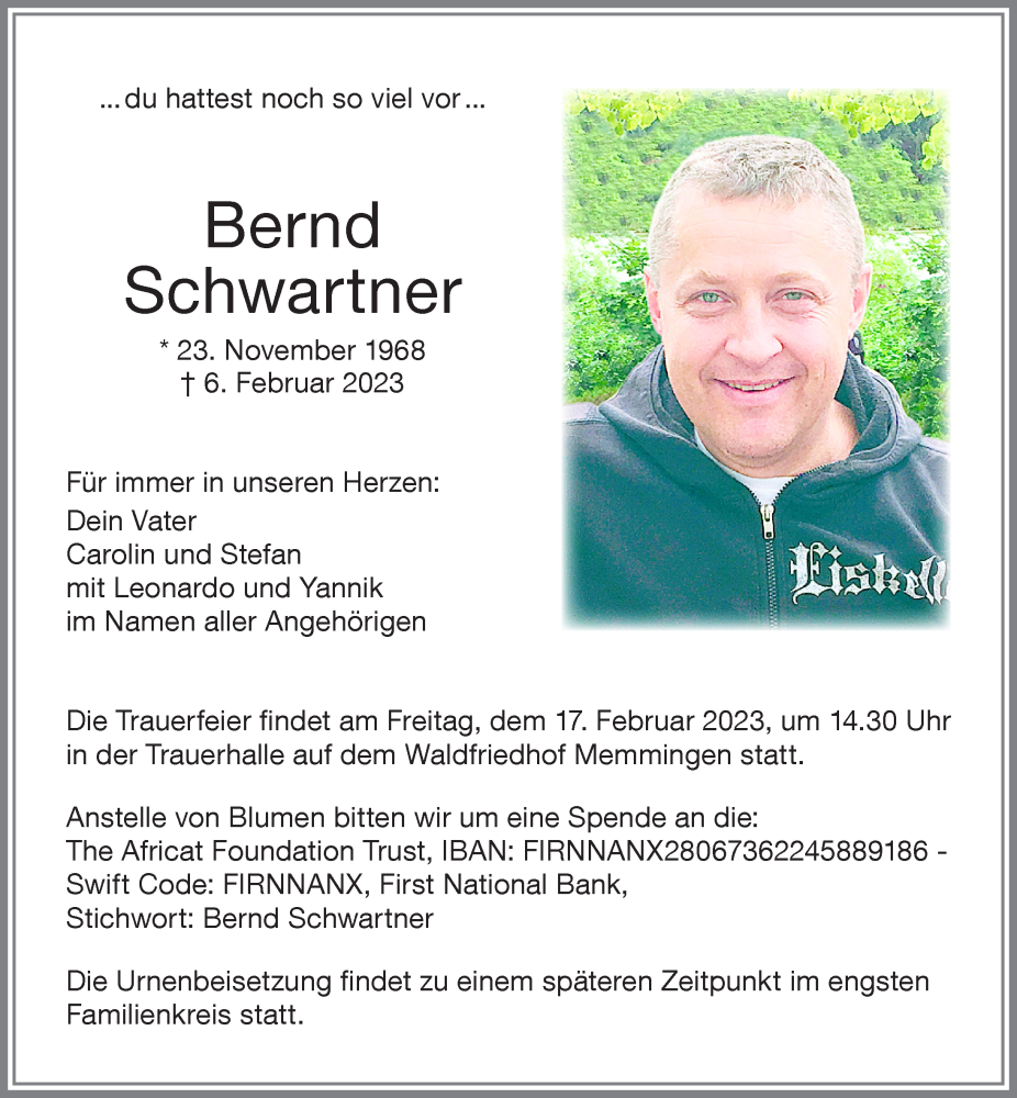  Traueranzeige für Bernd Schwartner vom 11.02.2023 aus Memminger Zeitung