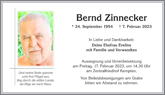 Traueranzeige von Bernd Zinnecker von Allgäuer Zeitung,Kempten