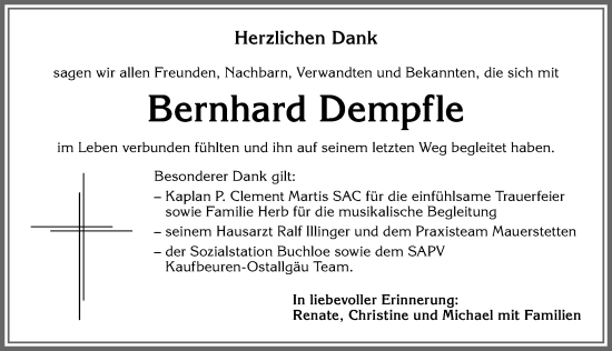 Traueranzeige von Bernhard Dempfle von Allgäuer Zeitung, Kaufbeuren/Buchloe