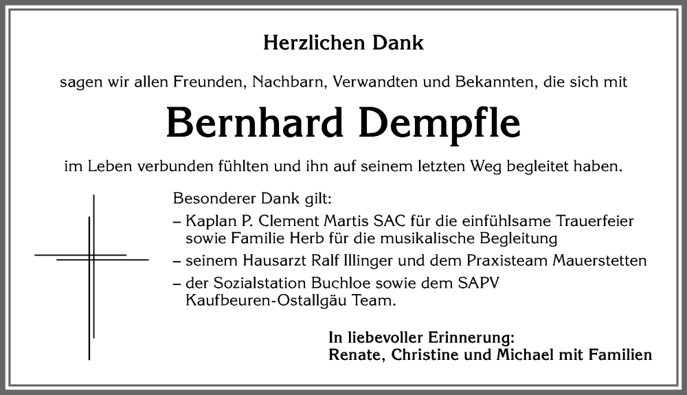  Traueranzeige für Bernhard Dempfle vom 11.02.2023 aus Allgäuer Zeitung, Kaufbeuren/Buchloe