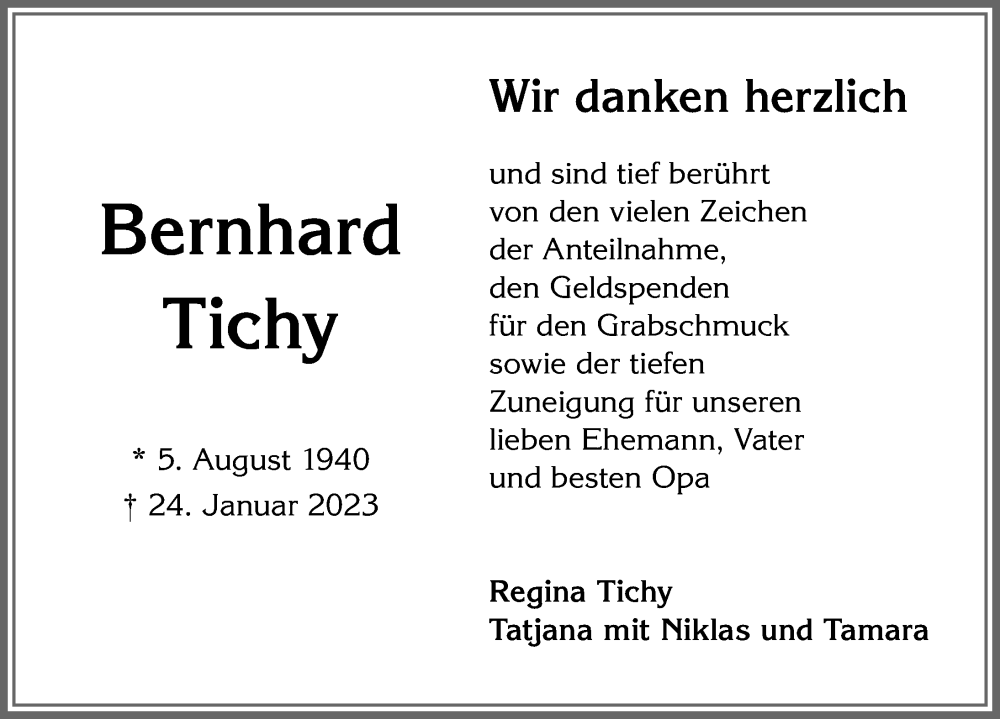  Traueranzeige für Bernhard Tichy vom 18.02.2023 aus Allgäuer Zeitung, Kaufbeuren/Buchloe