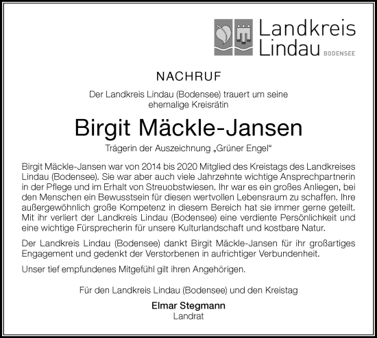 Traueranzeige von Birgit Mäckle-Jansen von Der Westallgäuer