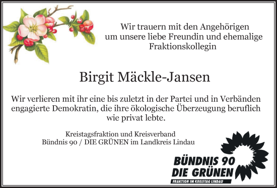 Traueranzeige von Birgit Mäckle-Jansen von Der Westallgäuer