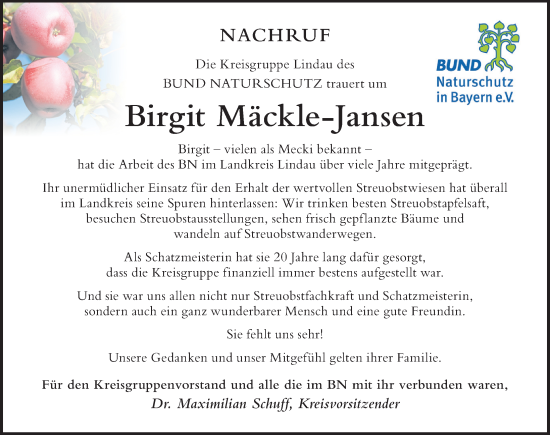 Traueranzeige von Birgit Mäckle-Jansen von Der Westallgäuer