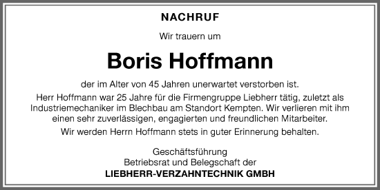 Traueranzeige von Boris Hoffmann von Memminger Zeitung