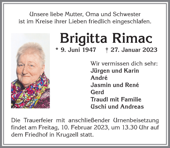 Traueranzeige von Brigitta Rimac von Allgäuer Zeitung,Kempten