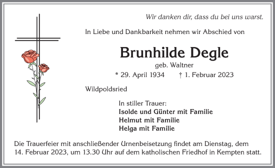 Traueranzeige von Brunhilde Degle von Allgäuer Zeitung,Kempten