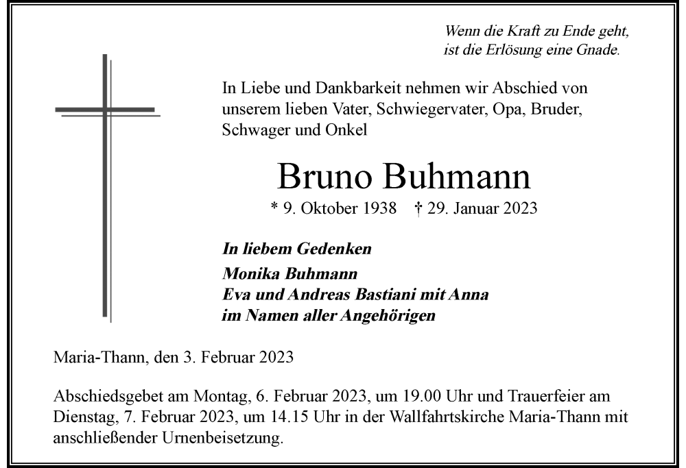  Traueranzeige für Bruno Buhmann vom 03.02.2023 aus Der Westallgäuer