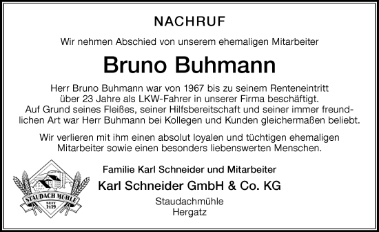 Traueranzeige von Bruno Buhmann von Der Westallgäuer
