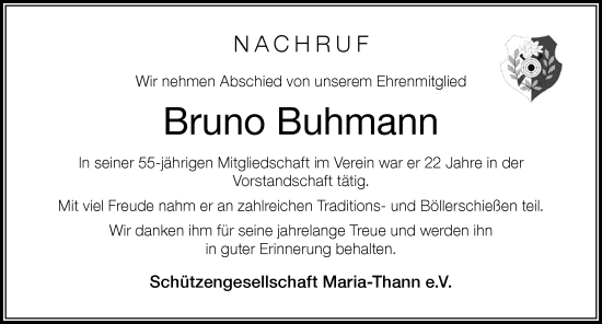 Traueranzeige von Bruno Buhmann von Der Westallgäuer