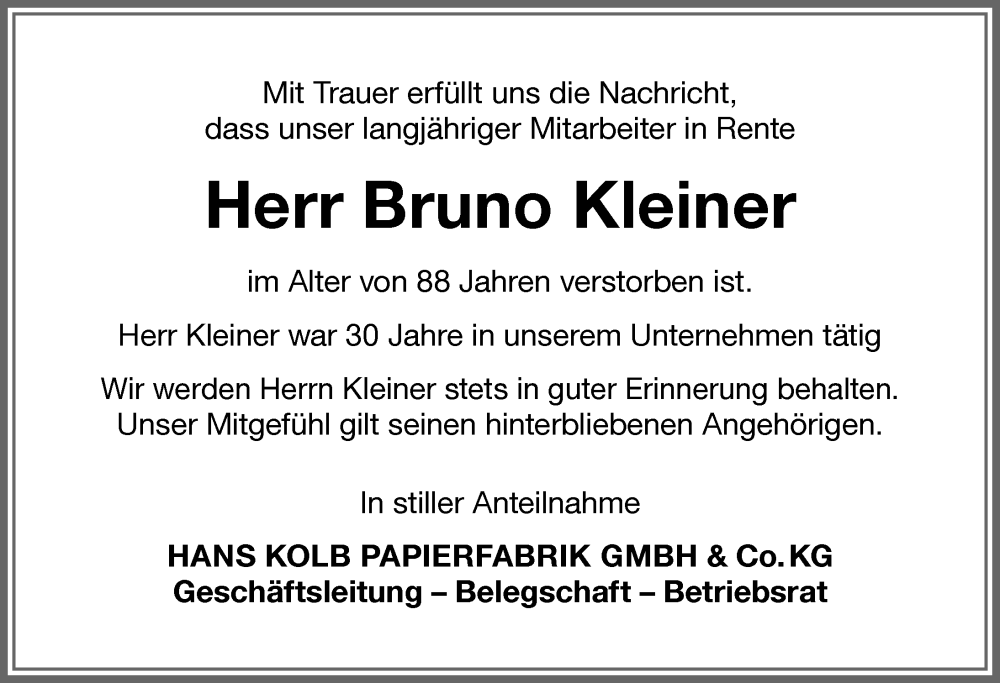  Traueranzeige für Bruno Kleiner vom 02.02.2023 aus Allgäuer Zeitung, Kaufbeuren/Buchloe