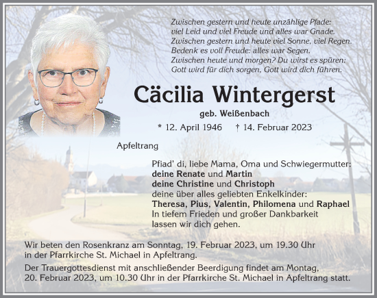 Traueranzeige von Cäcilia Wintergerst von Allgäuer Zeitung, Marktoberdorf
