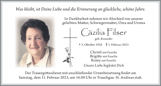 Traueranzeige von Cäzilia Filser von Allgäuer Zeitung, Füssen