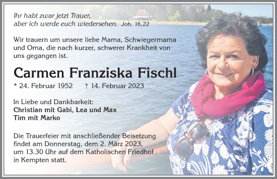 Traueranzeige von Carmen Franziska Fischl von Allgäuer Zeitung,Kempten