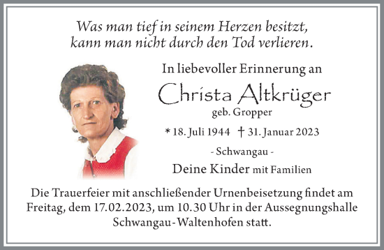 Traueranzeige von Christa Altkrüger von Allgäuer Zeitung, Füssen