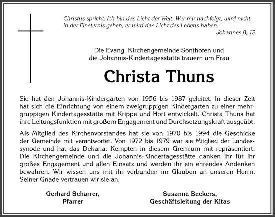 Traueranzeige von Christa Thuns von Allgäuer Anzeigeblatt