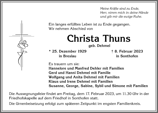 Traueranzeige von Christa Thuns von Allgäuer Anzeigeblatt