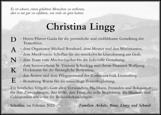 Traueranzeige von Christina Lingg von Der Westallgäuer