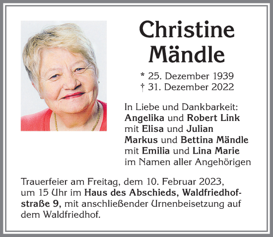 Traueranzeige von Christine Mändle von Memminger Zeitung