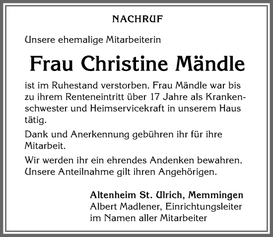 Traueranzeige von Christine Mändle von Memminger Zeitung