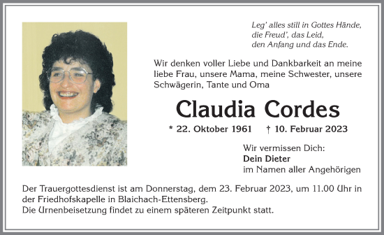 Traueranzeige von Claudia Cordes von Allgäuer Anzeigeblatt