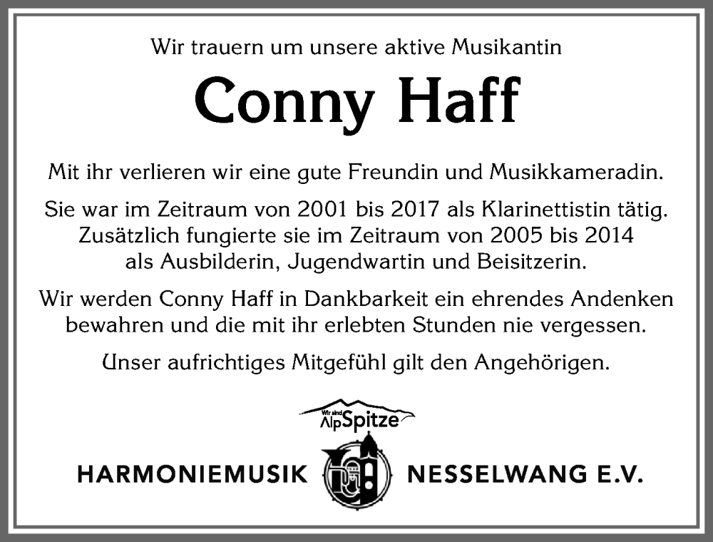  Traueranzeige für Conny Haff vom 14.02.2023 aus Allgäuer Zeitung, Füssen