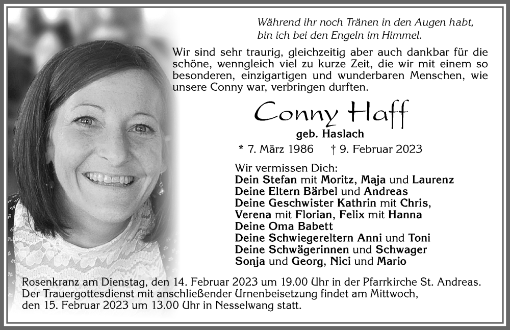  Traueranzeige für Conny Haff vom 11.02.2023 aus Allgäuer Zeitung, Füssen