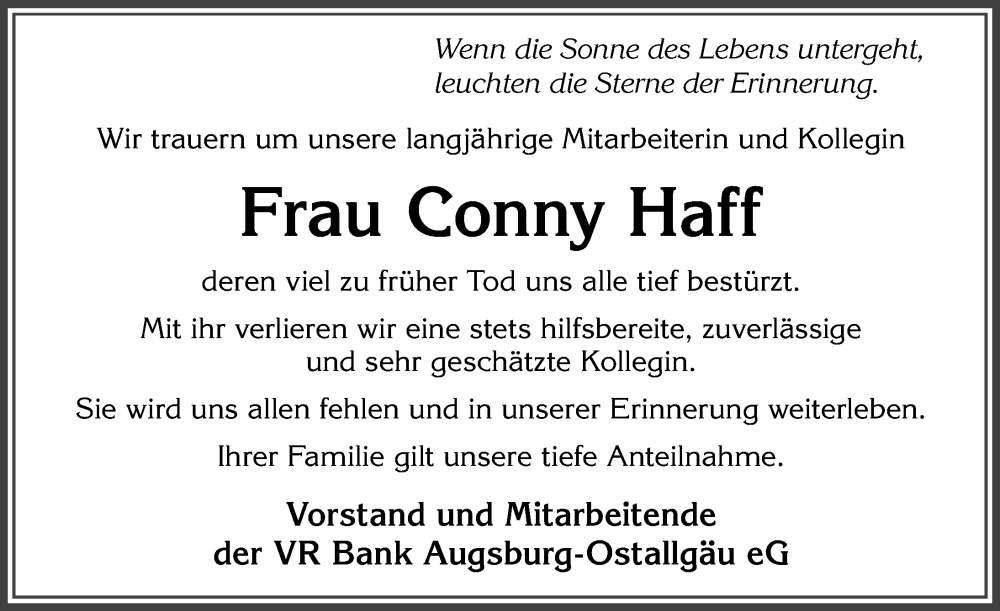  Traueranzeige für Conny Haff vom 14.02.2023 aus Allgäuer Zeitung, Füssen