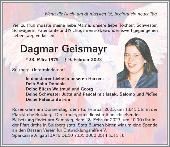Traueranzeige von Dagmar Geismayr von Allgäuer Zeitung,Kempten