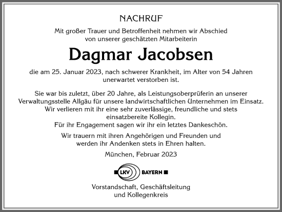 Traueranzeige von Dagmar Jacobsen von Allgäuer Anzeigeblatt