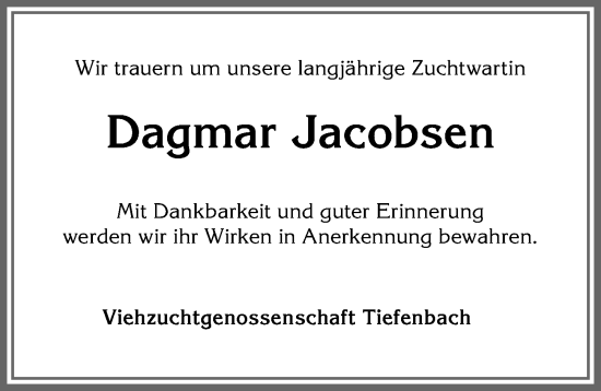 Traueranzeige von Dagmar Jacobsen von Allgäuer Anzeigeblatt